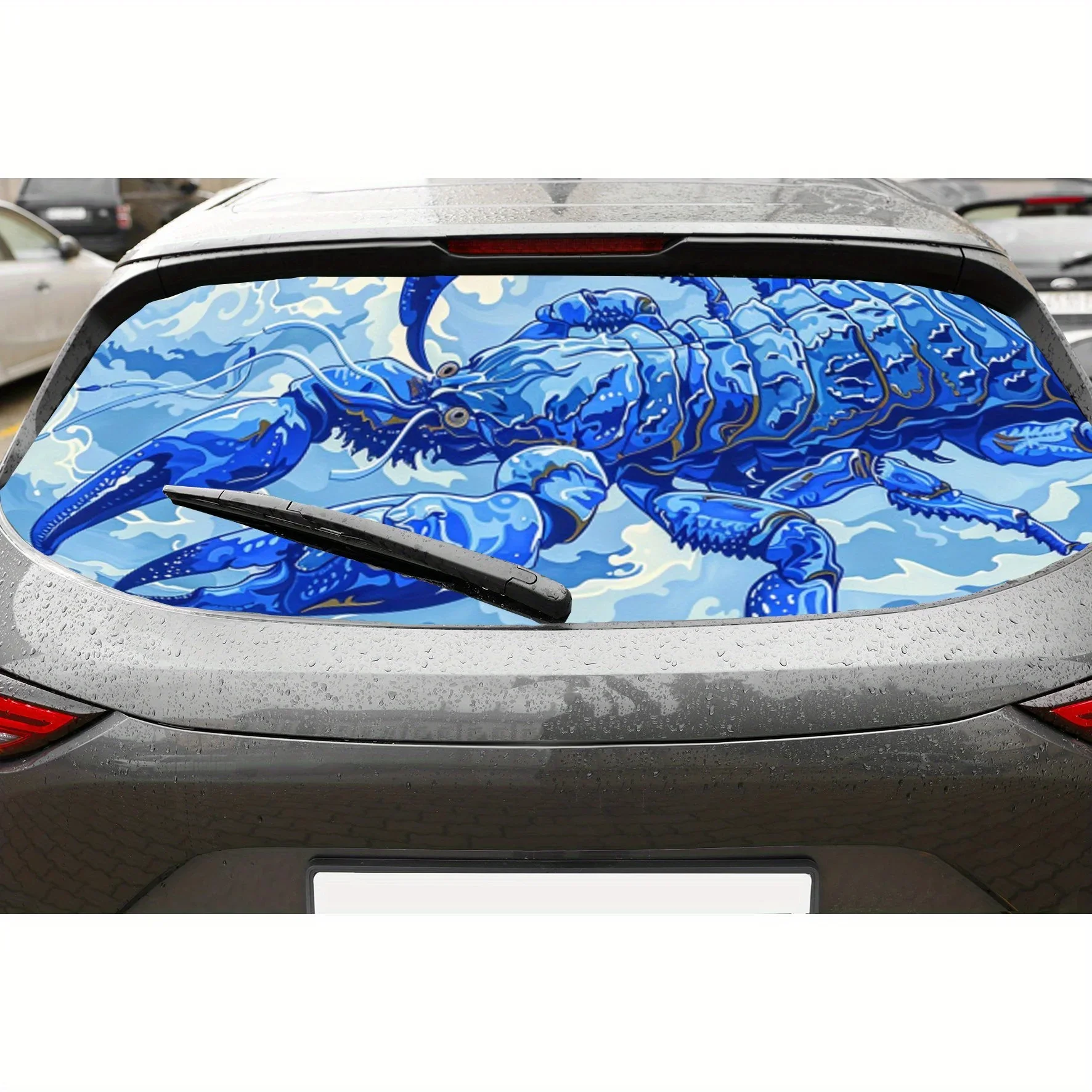 Blue Ukiyo - e Scorpion Print Car Rear Windshield Sticker Truck Window See Through Perforated Back Window Vinyl Wrap Decal Self