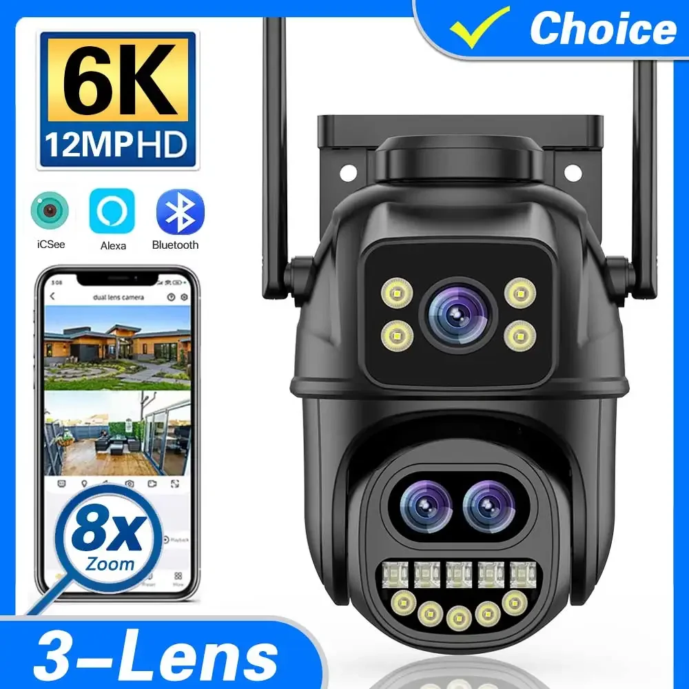 

12MP 6K WIFI Camera 8X Zoom Three Lens WiFi Security 4MP IP Camera Color Night Vision Ai Auto Tracking Surveillance Camera ICSee