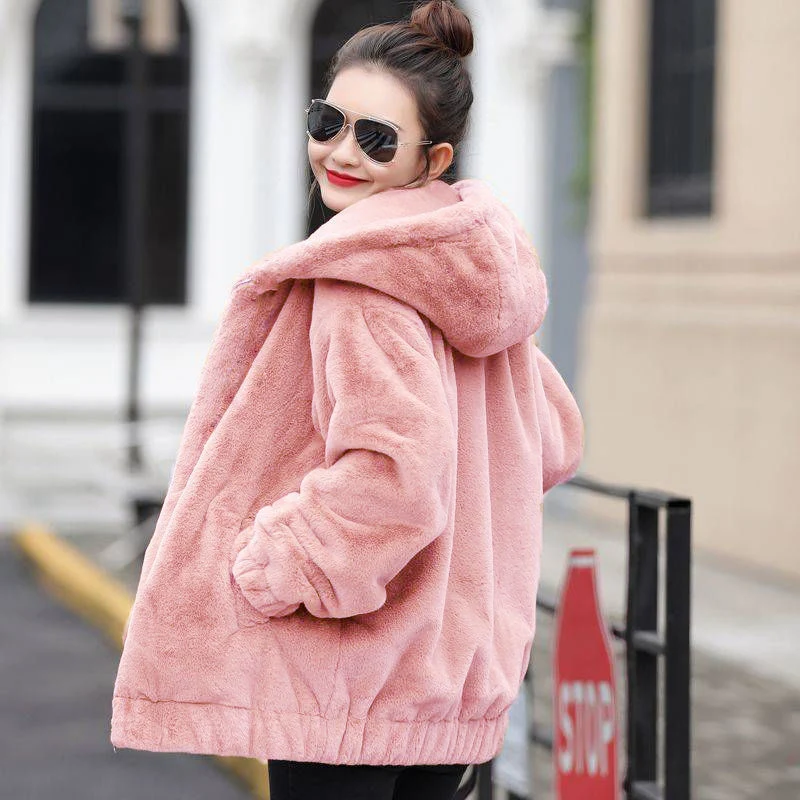 Winter Plus Velvet Warm Jacket Hooded Thicken Warm Korean Loose Faux Fur Coat Streetwear Long Sleeves Fashion Midi Outerwear