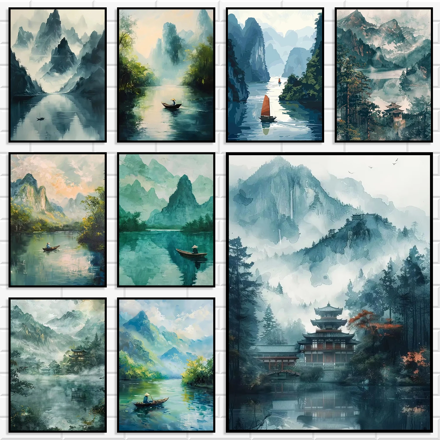Chinese Traditional Ink Landscape Canvas Painting Misty Mountain River Boat Poster Oriental Zen Wall Art Living Room Study Decor
