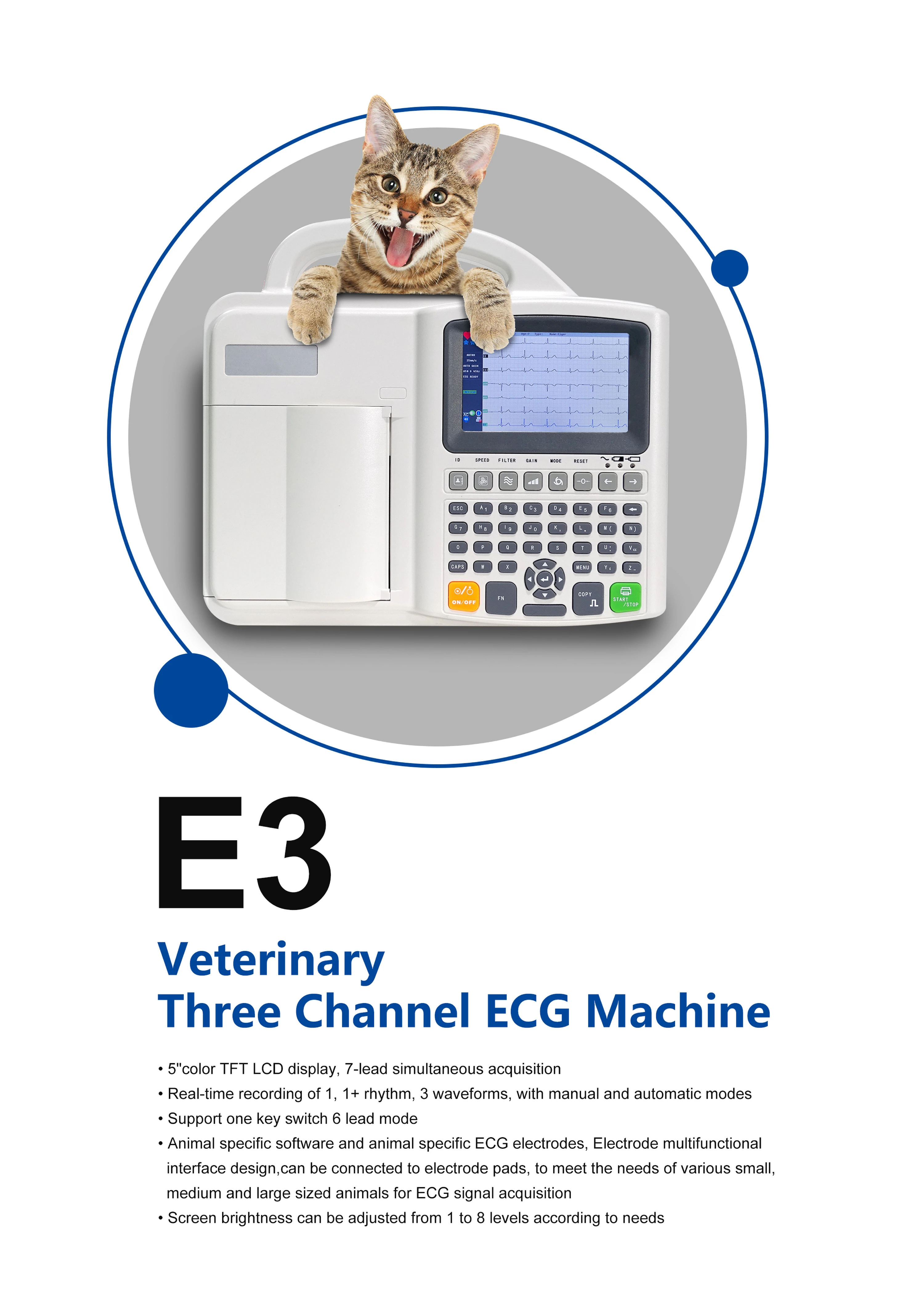 Pet 3 Three Channels Animal ECG Machine Full Keyboard 5 Inch 12 lead EKG Electrocardiograph Machine