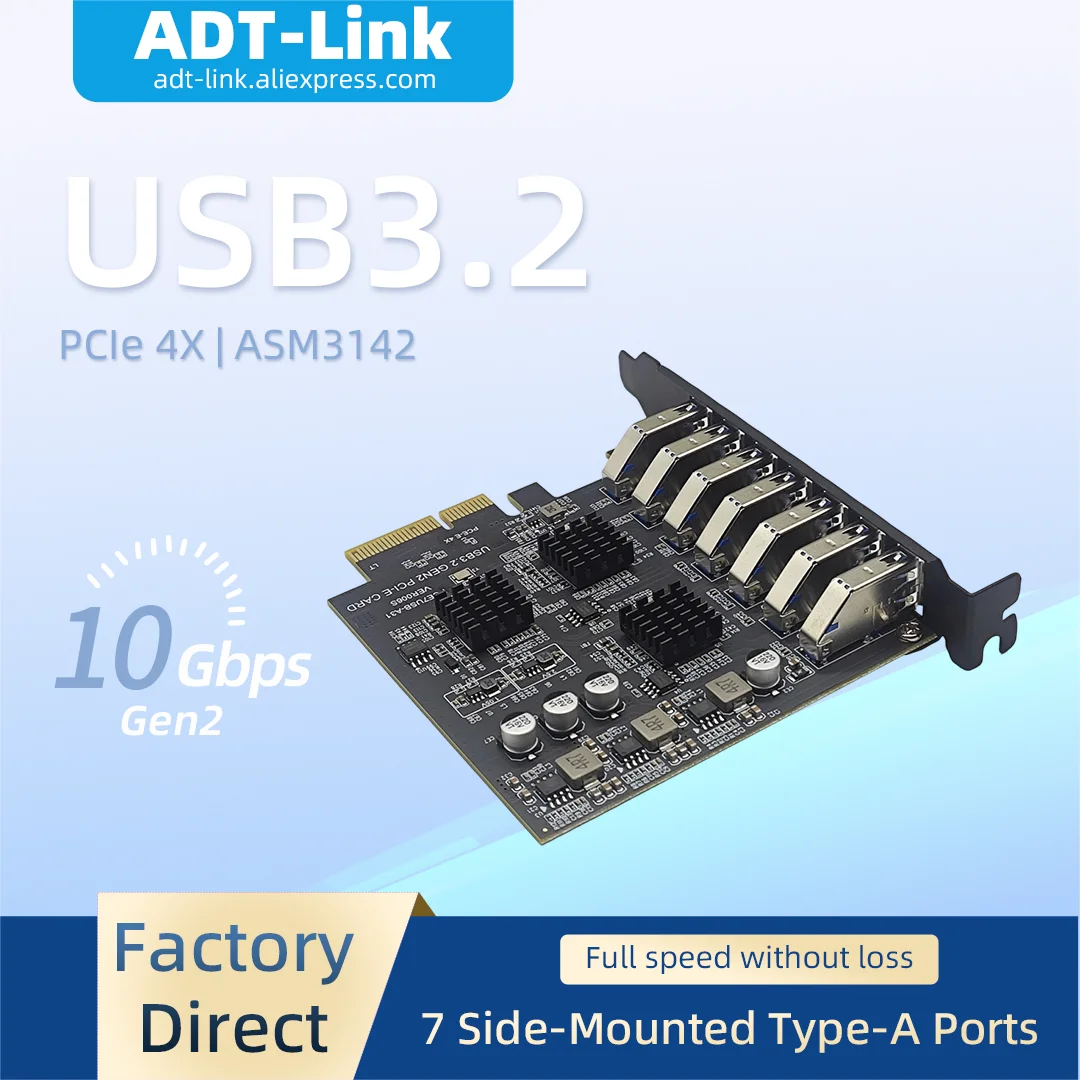 USB 3.2 Gen2 10Gbps Expansion Card 7 Ports Side PCIe 4X  Insert Type-A ASM3142 Chipset PCI-E USB Hub Adapter for Desktop PC