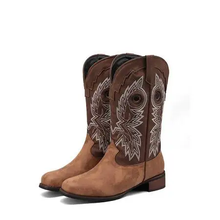 Mężczyźni Kobiety Unisex 2024 Mid Calf Western Cowboy Embroidery Boots Mężczyzna Jesień Outdoor Leather Totem Med Heel Fashion Designed Boots