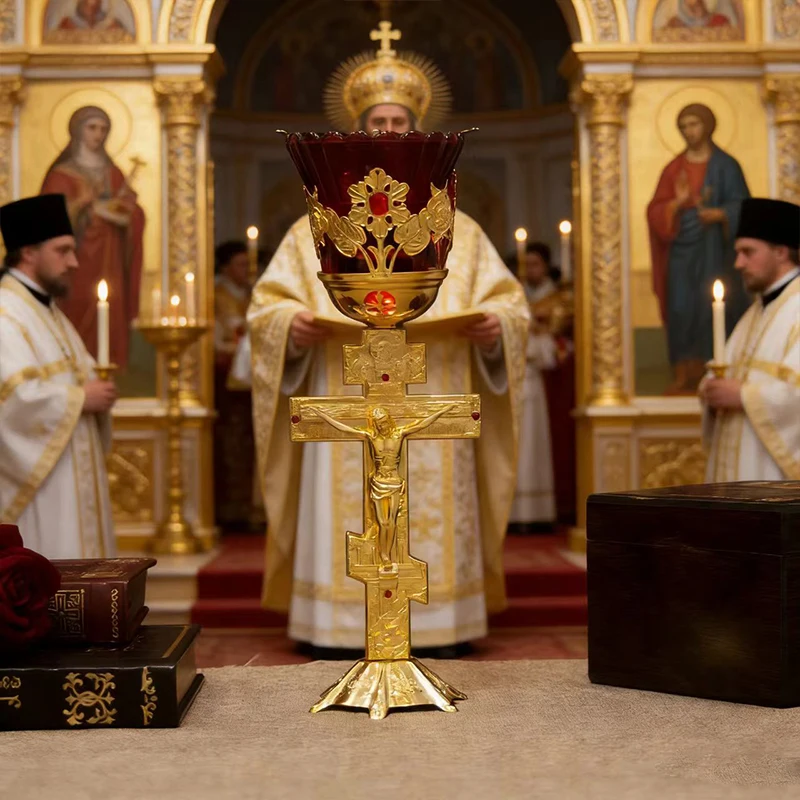 Gold-Plated Orthodox Standing Cross Vigil Lamp with Red Glass Shade Premium Liturgical Vessel for Church Altar and Home Prayer