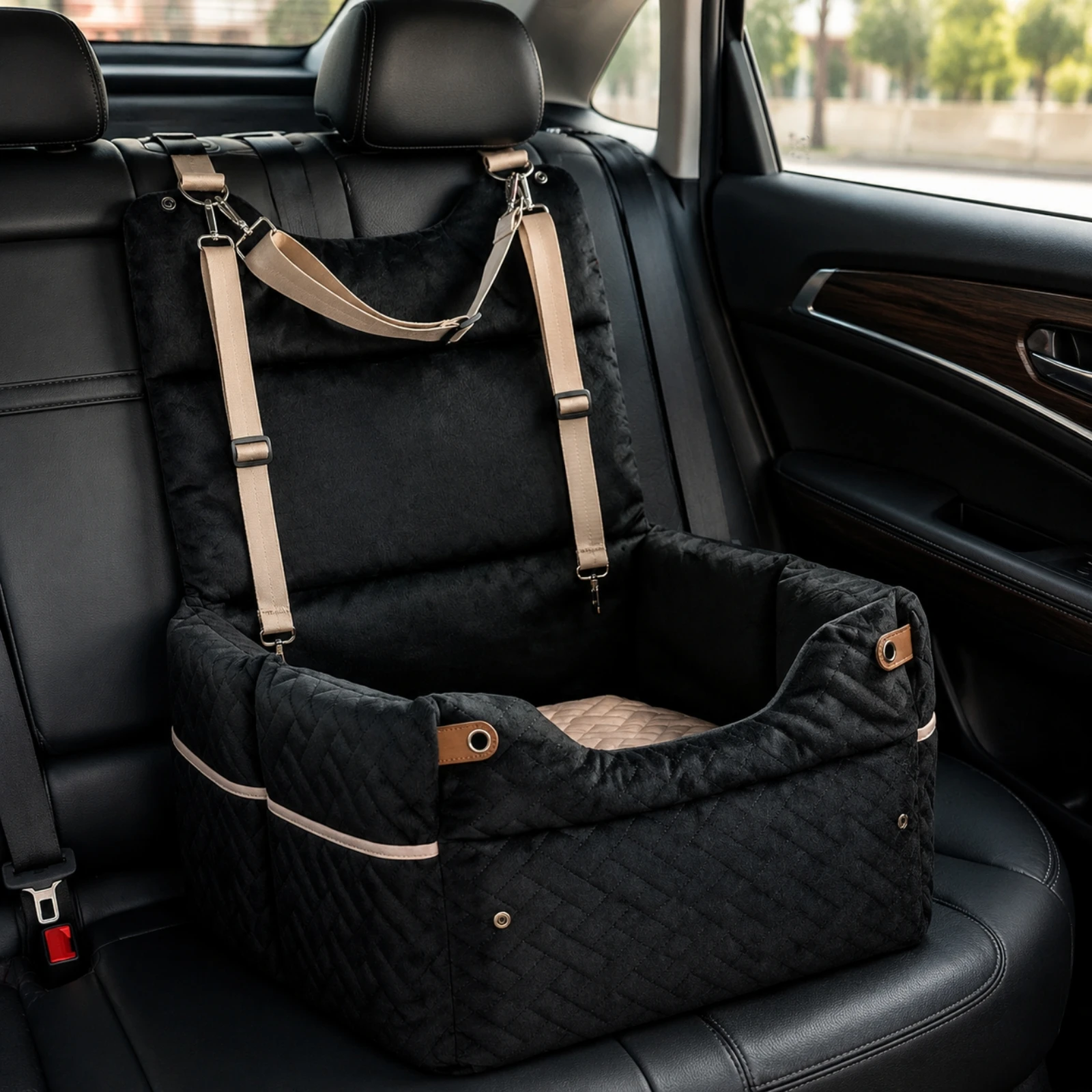 Dog Car Seat with Safety Tether Adjustable Straps Pet Car Seat with Reversible Cushion Dog Travel Bed Washable Soft for Dogs