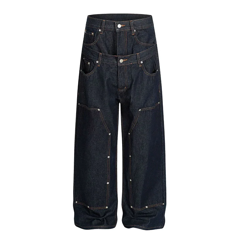 Hi Street Irregular Patchwork Jeans Pants Harkuju Vintage Casual Denim Trousers For Male Hip Hop