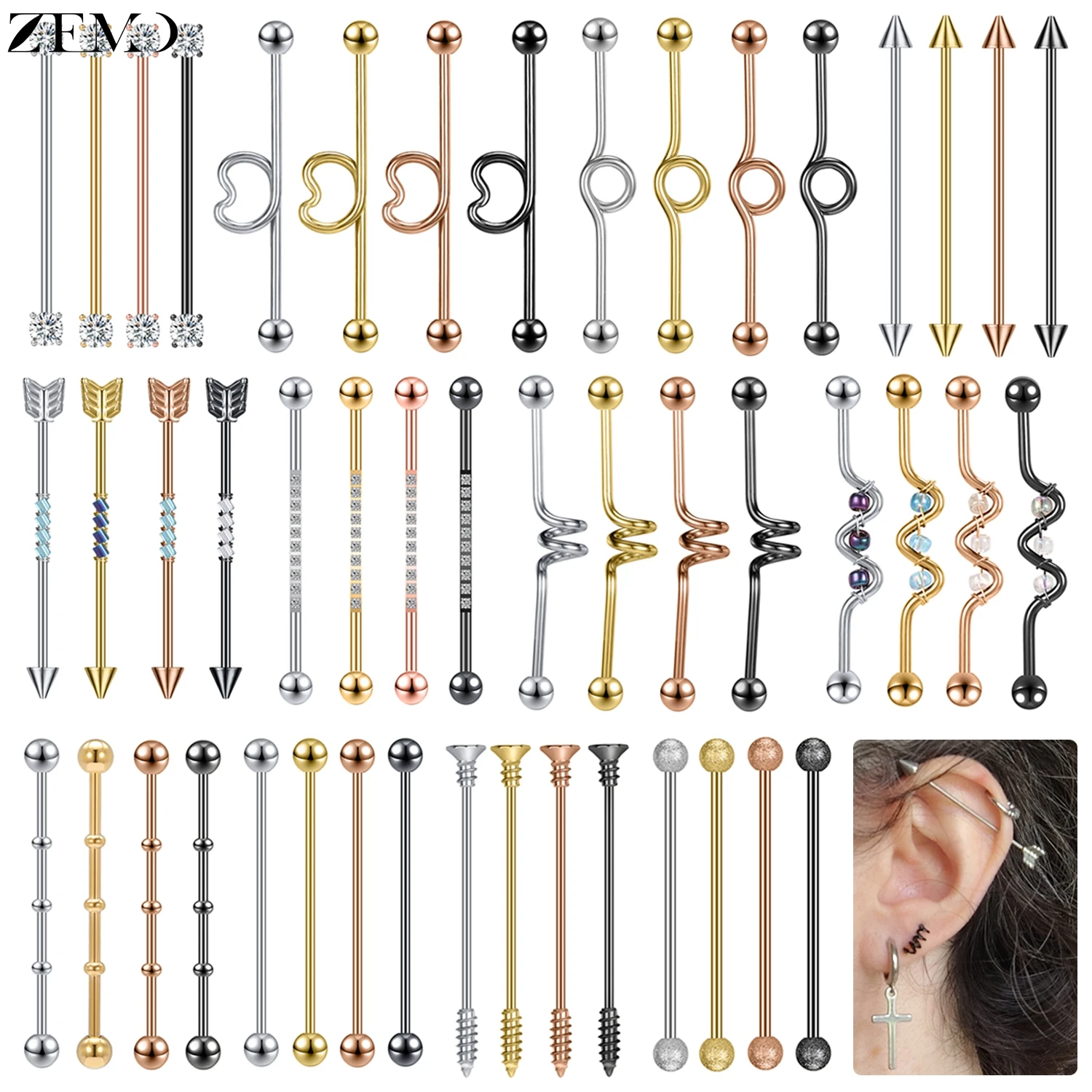ZEMO 1 Piece 14G Stainless Steel Long Industrial Piercing Women Men 38MM Stud Earrings Barbell Taper Arrow Conch Helix Piercings