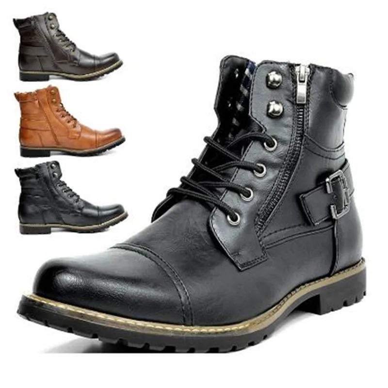 Fashion Men Boots Leather Round Toe Grid Pattern Square Heel Males Shoes Exquisite Leisure Design Men Motorcycle Boot Size 38-48