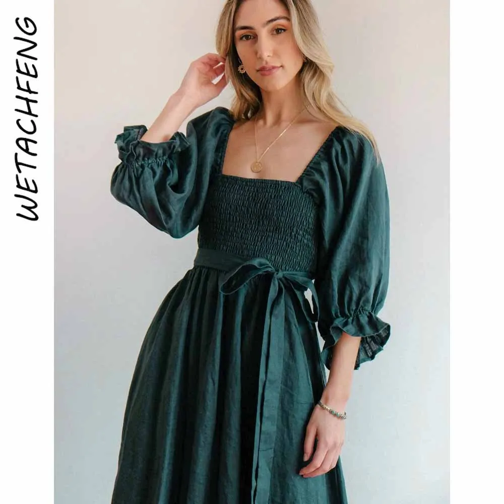 Elegante Groene Lange Jurk Lace Up Riem Ruches Lantaarn Mouw Herfst Katoen Jurken Holiday Party Boho Night Avond Vestidos