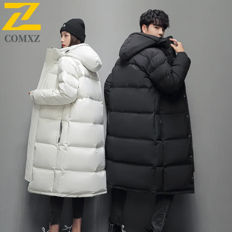 

COMXZ New Men Down Jacket Winter Brand Fashion Lightweight Puffer Jacket Slim Korean Hooded Duck Couple Coat Women Long Overcoat