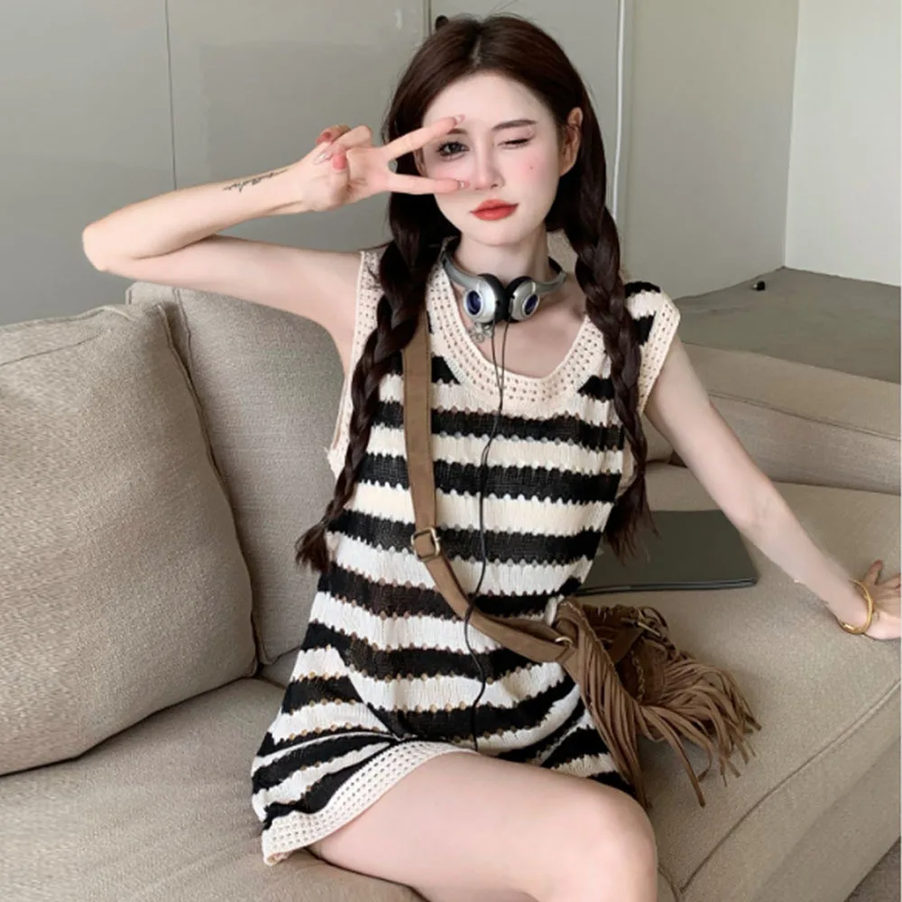 Striped Sleeveless Dress For Girls Summer New Loose Strap Tank Dresses Women Casual Knitted Beach Holiday Dress Female Vestidos