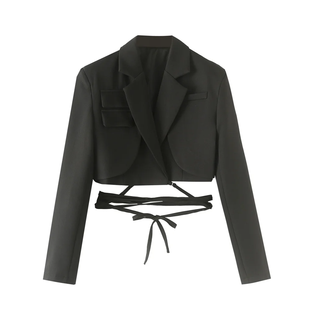 

Осенний новый продукт, женский простой, модный, повседневный костюм с длинными рукавами и короткими завязками, пальто