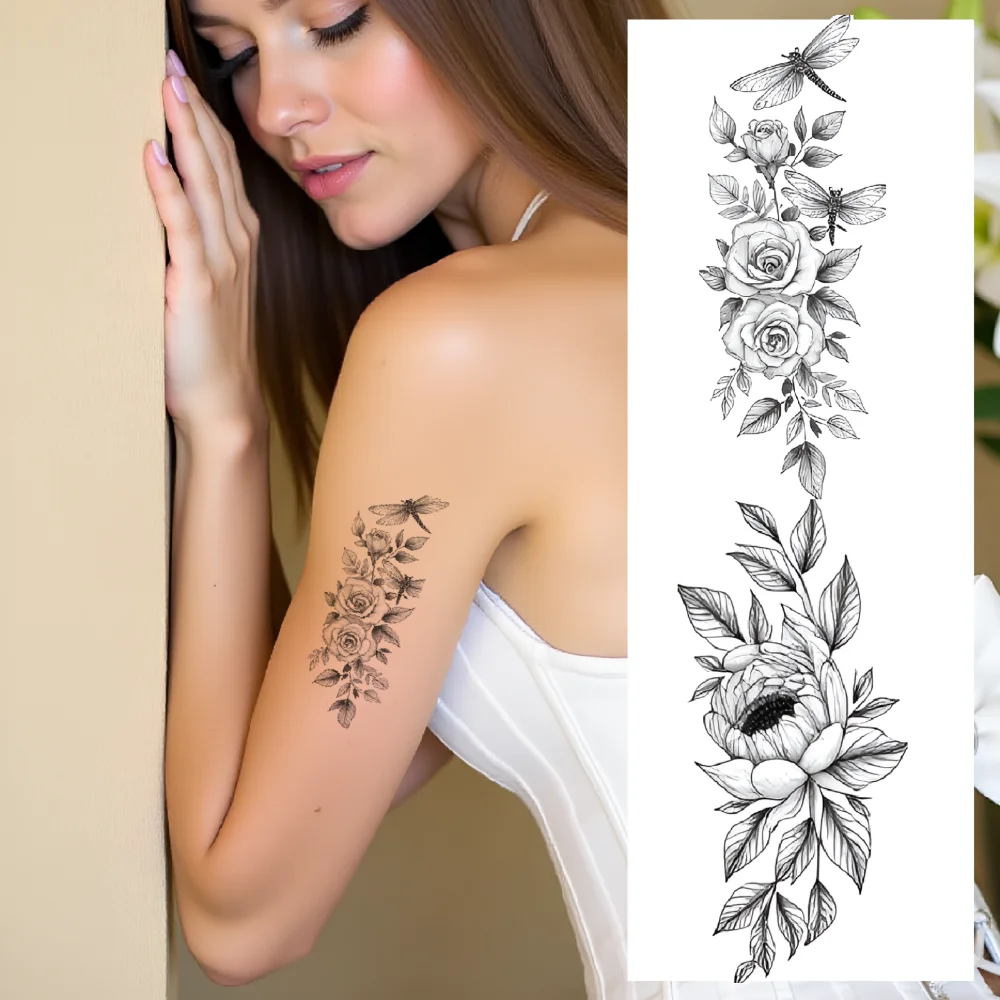 

9pcs Temporary Tattoo Crown Temporary Tattoo Stickers Flowers Decorative Patterns Line Art Floral Bouquet For Ladies Arms