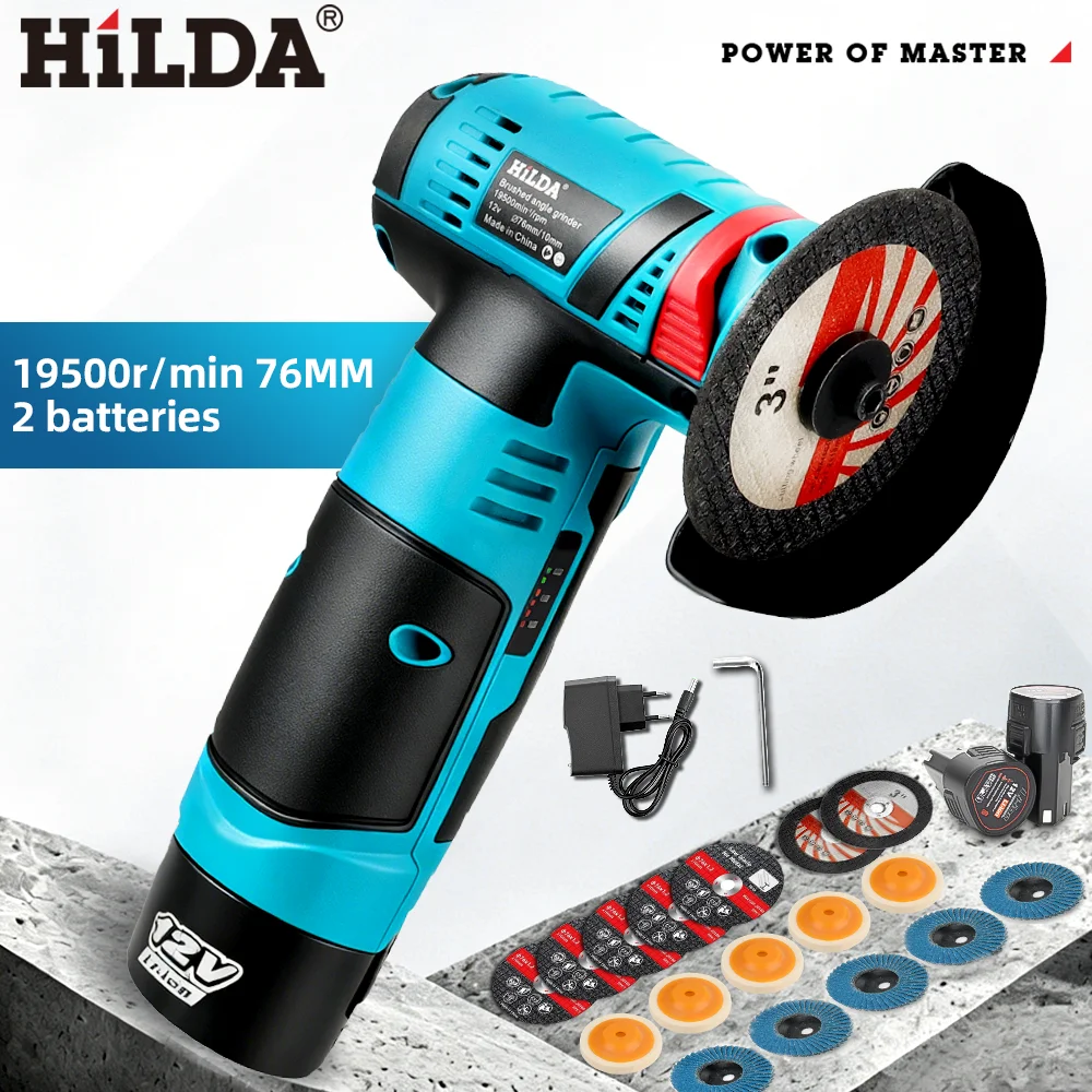 Image of HILDA 3 Zoll 12V Mini Akku-Winkelschleifer Tragbare Lithium-Elektroschleifmaschine Trenn- und Polierwerkzeug-Set für Metall- und Holzbearbeitung