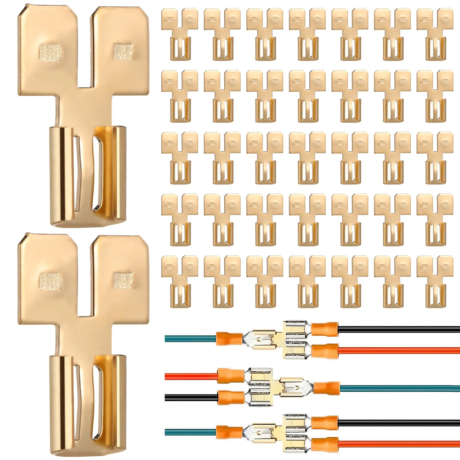 50Pcs Dual Spade Quick Disconnect Terminals Brass Electrical Connectors High Conductivity Wear Resistant Crimp Wire Connector