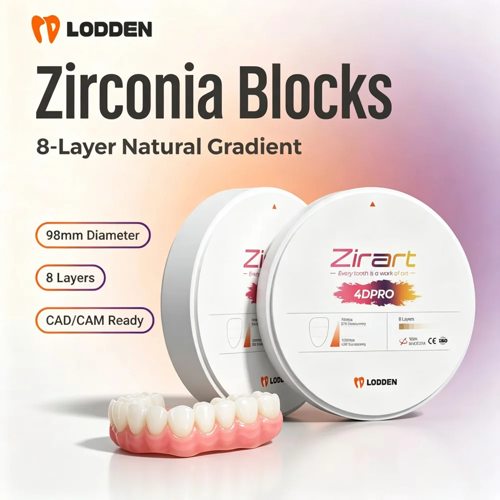LODDEN 4D Pro Blocs de Zircone Multicouche pour Laboratoire Dentaire, 8 Couches, pour Couronnes et Ponts CAD/CAM, 98x10-25mm, Haute Résistance 43%-57%