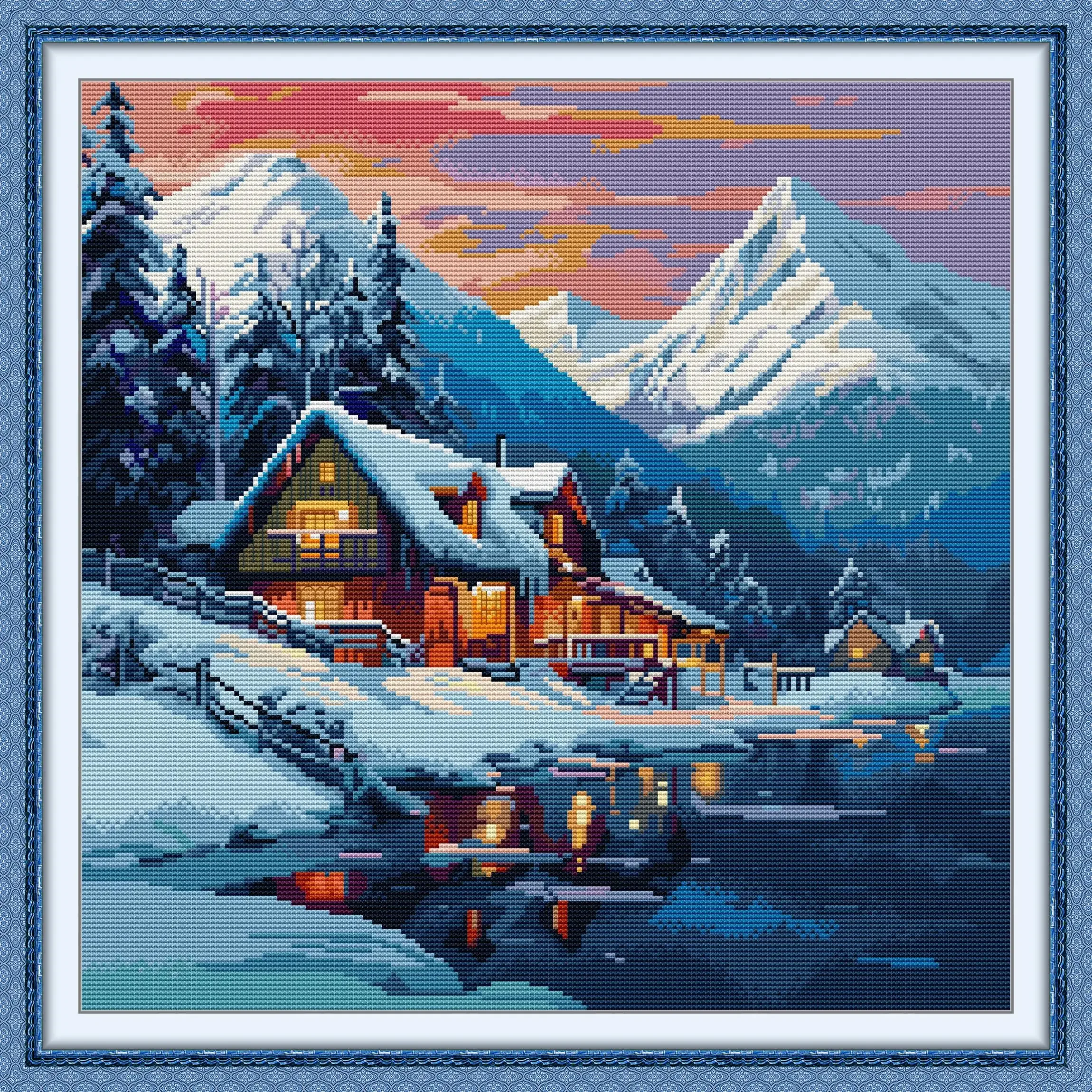 Joy Sunday Pre-printed Cross Stitch Kit  Easy Pattern Aida  Stamped Fabric Embroidery Set-Winter Snow Country