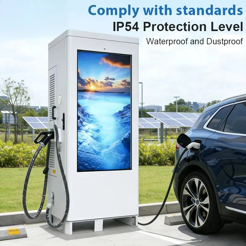 Floor Mounted Dual 60kW Dc Fast Charger CCS2 GBT EV Charging Station with 55inch Advertising Screen