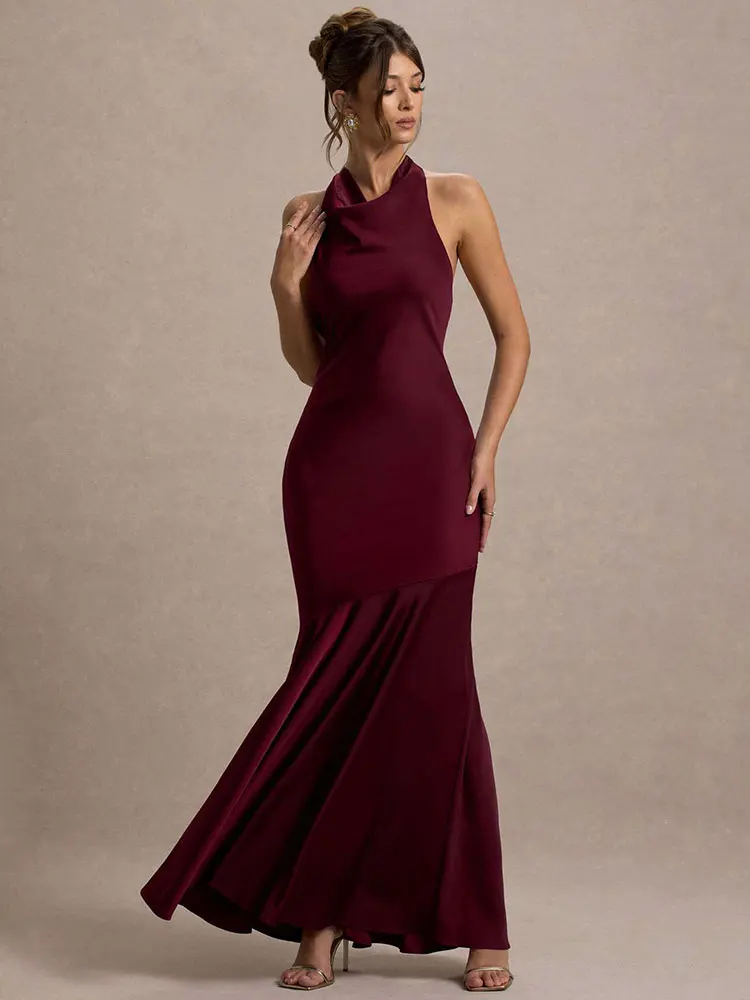 GACVGA エレガントなホルターマキシドレス女性のための 2025 夏スイング襟背中の開いたセクシーなボディコンクラブパーティーロングフィッシュテールドレス
