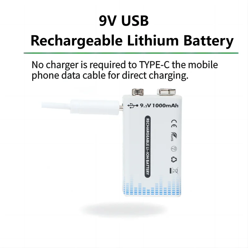 9V 1000mAh USB Lithium Battery 6F22 Rechargeable Batteries for Test Instruments Metal Detector Electric Guitar+USB Charge Cable