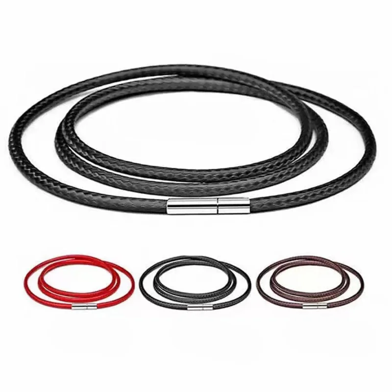 Men's Black Braid Wax Cord DIY Pendant Necklace Jewelry Making Leather Rope Stainless Steel Tube Clasp String Chain 45 50 70cm