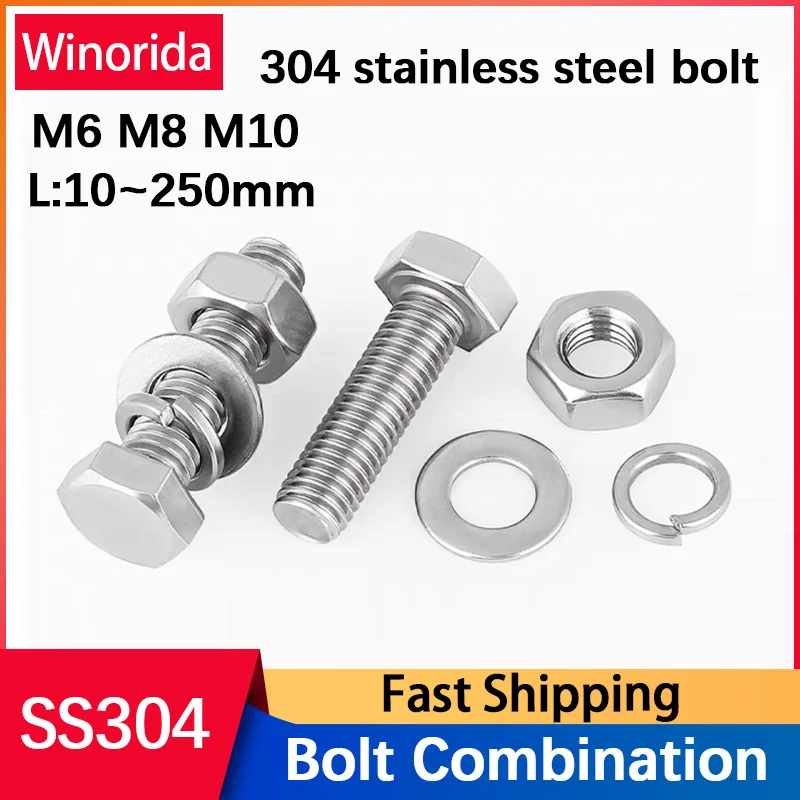304 Stainless Steel Hexagonal Bolt Screw and Nut Set, Extended Screw Washer and Nut Set M6 M8 M10 Extended Screw Combination
