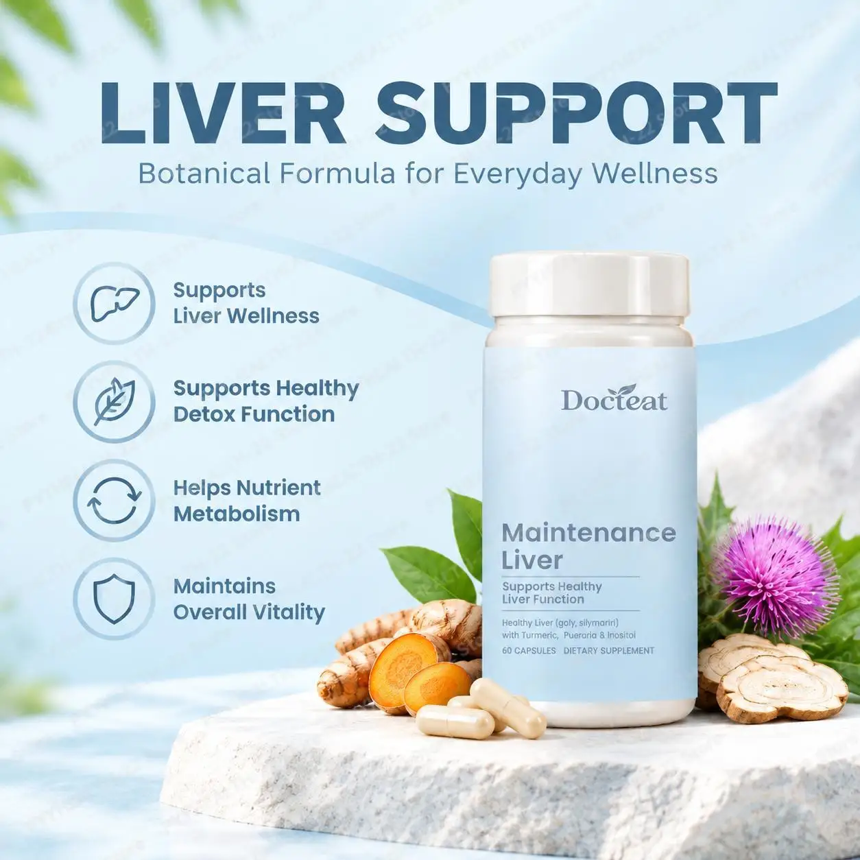 Docteat Maintenance Liver Support Capsules Supports Healthy Detox Function with Turmeric Extract and Milk Thistle, 60 Capsules