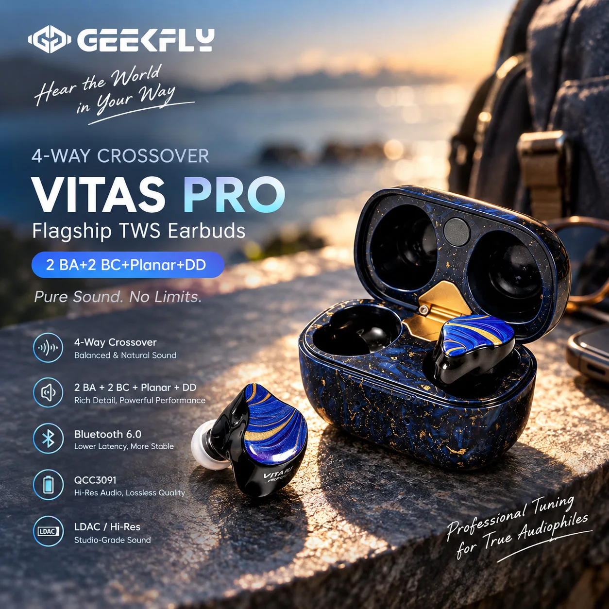 GEEKFLY VITAS PRO TWS Wireless Earbuds Bluetooth 6.0 2BA+2BC+Planar+DD HiFi LDAC Hi-Res Audio QCC3091 4-Way Crossover Flagship E