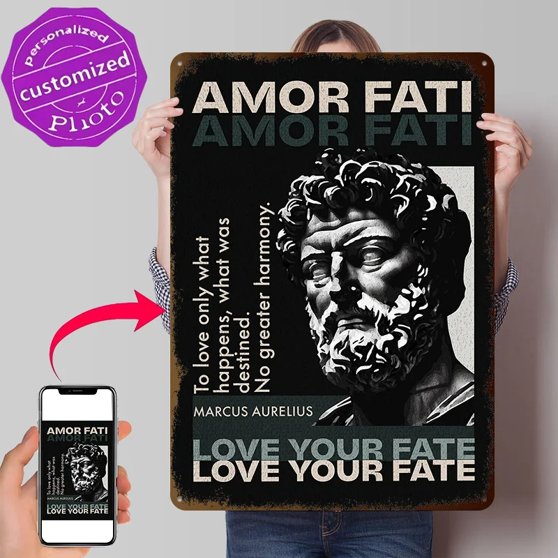 Amor Fati Marcus Aurelius 3D Texture Printed Poster Custom Vintage Metal Tin Plate Sign for Wall Art Modern Home Decoration Room