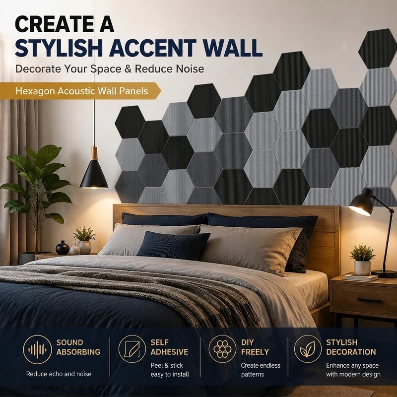 Hexagon PET Felt Acoustic Wall Panels Self‑Adhesive Polyester Fiber Sound Absorbing Wall Decor for Home Office Studio