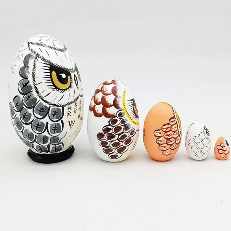 5 Pieces Wooden Owl Nesting Dolls Owl Russian Egg Ornament Rustic Design for Easter New Year Halloween