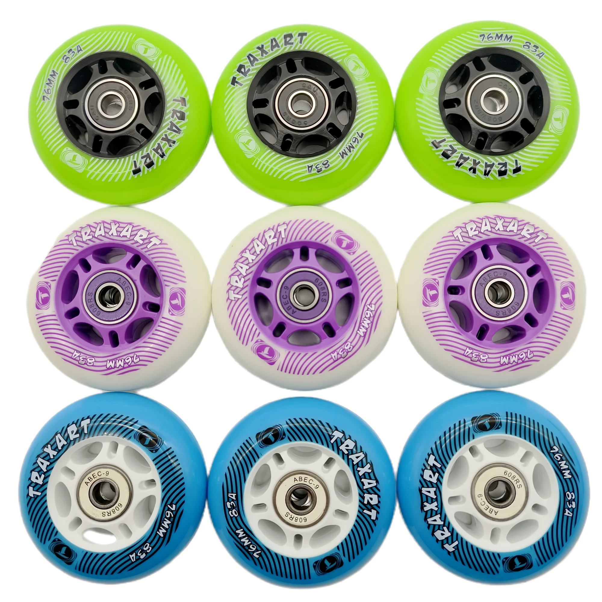 Roue de patin à roues alignées, roulement en matériau chancelier, série 608, 8 roues par lot, vert, bleu, violet, 76mm, 83A, 76mm x 24mm
