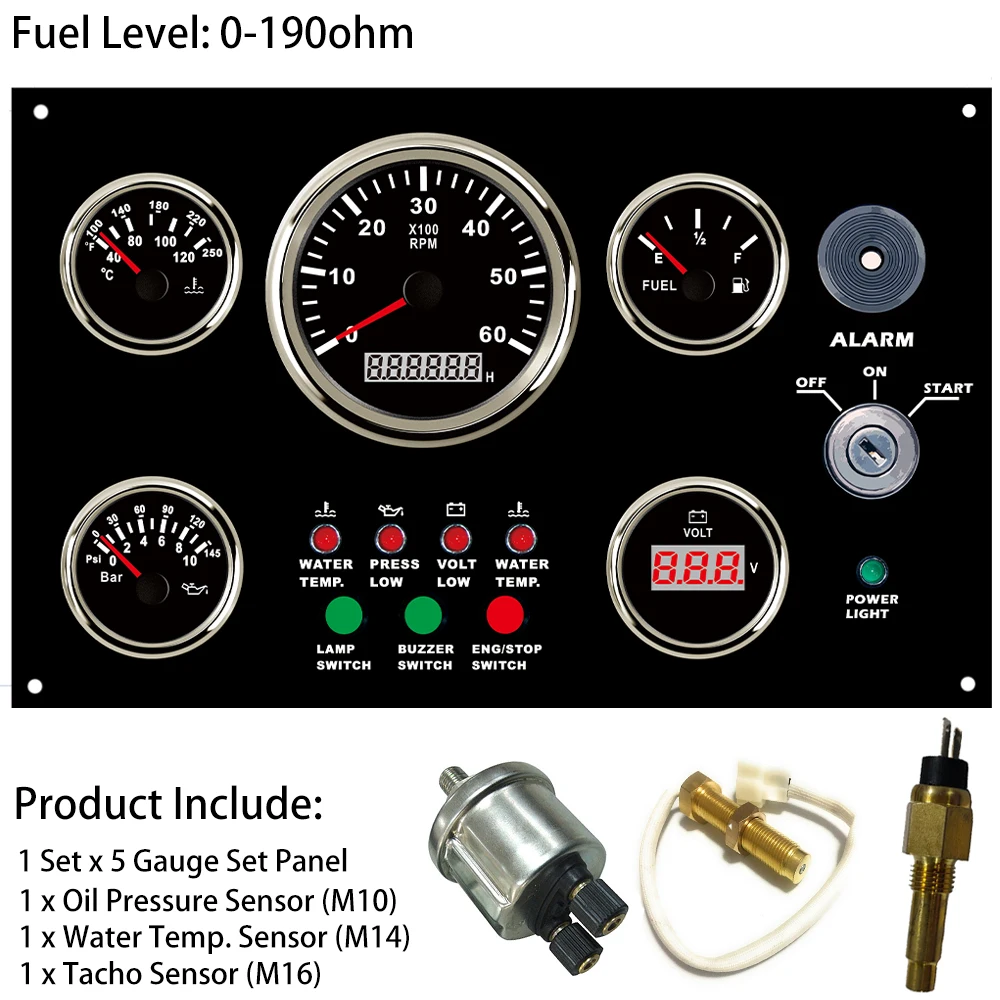 5 Gauge Set 12V 24V Engine Panel Instrument Assembly with 6K Tachometer Fuel Level Water Temp. Oil Pressure Voltmeter 300*190 mm