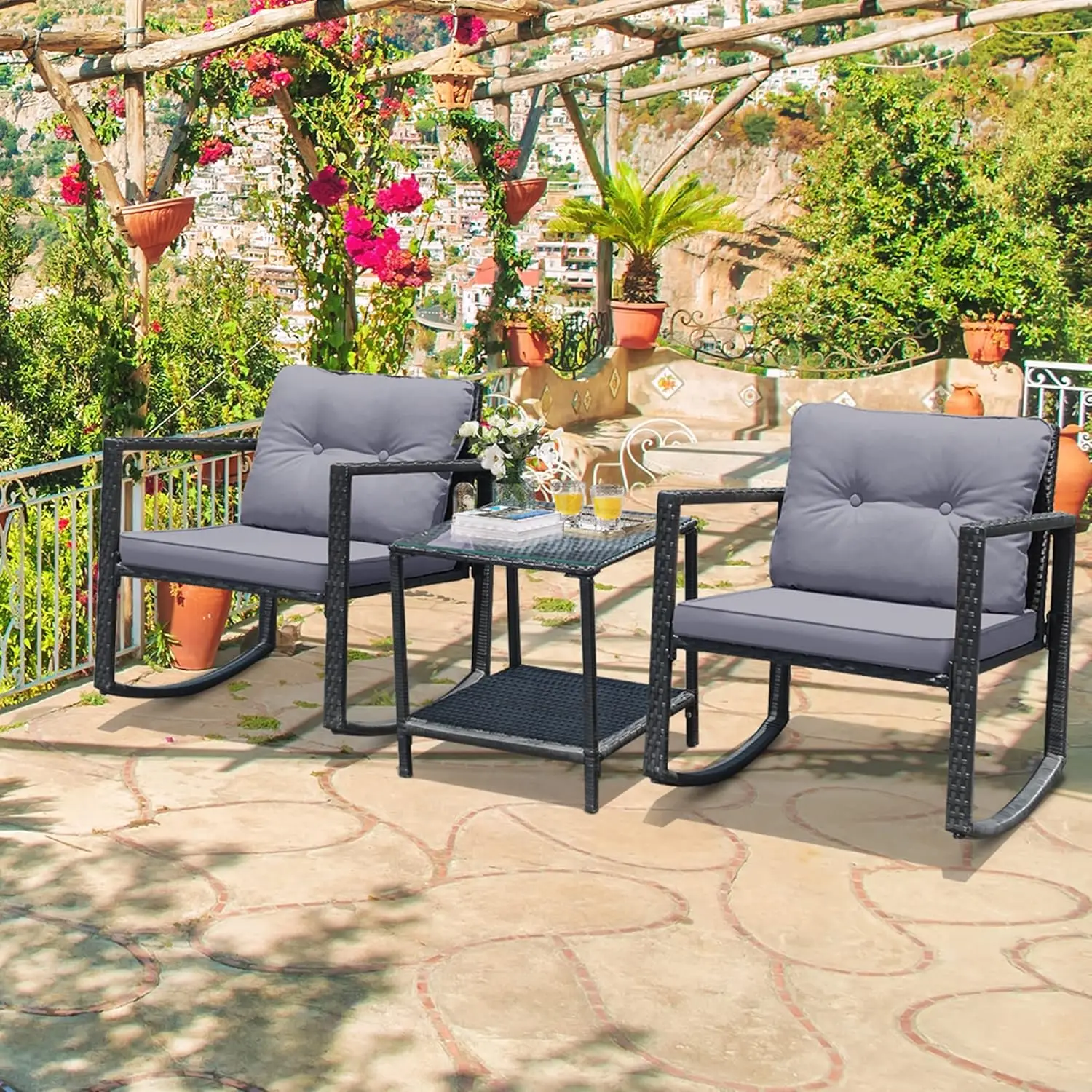 Patio Furniture Set, Rattan Rocking Chair and Glass Coffee Table with Cushions, Outdoor Wicker Conversation Bistro Set