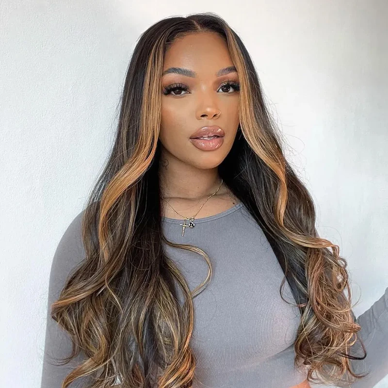 Highlight Brown Lace Front Pruik Body Wave Sluiting Remy Pruik Goudbruin Synthetische Pruiken 13x4transparant Kant Front Voor Vrouwen Feest