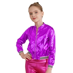 Kids Girls Metallic Bomber Jacket Coat Zip Up Long Sleeve Jazz Dance Crop Top Windbreaker Outerwear for Streetwear Performance