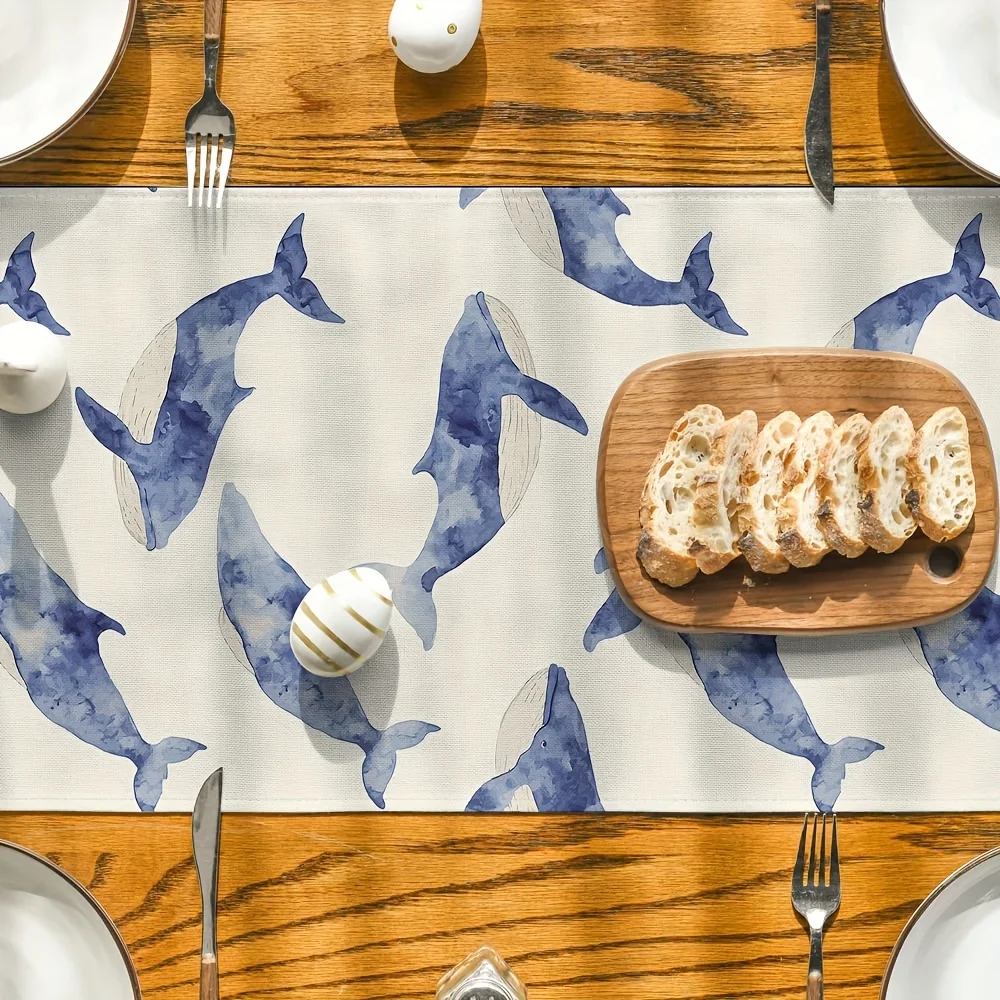 Ocean Watercolor Whale & Shell Table Runner - Decor for Kitchen Dining Nautical Beach House Home Accessories