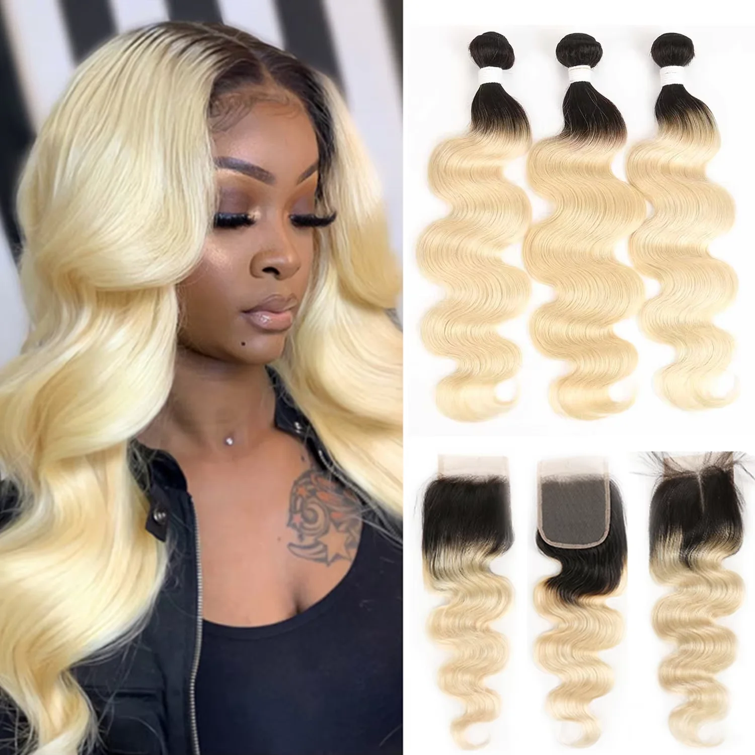 Ombre Blonde Body Wave Bundles With Closure 4x4  Brazilian Non-Remy Human Hair Weave 3 Bundle With Lace Closure KEMY