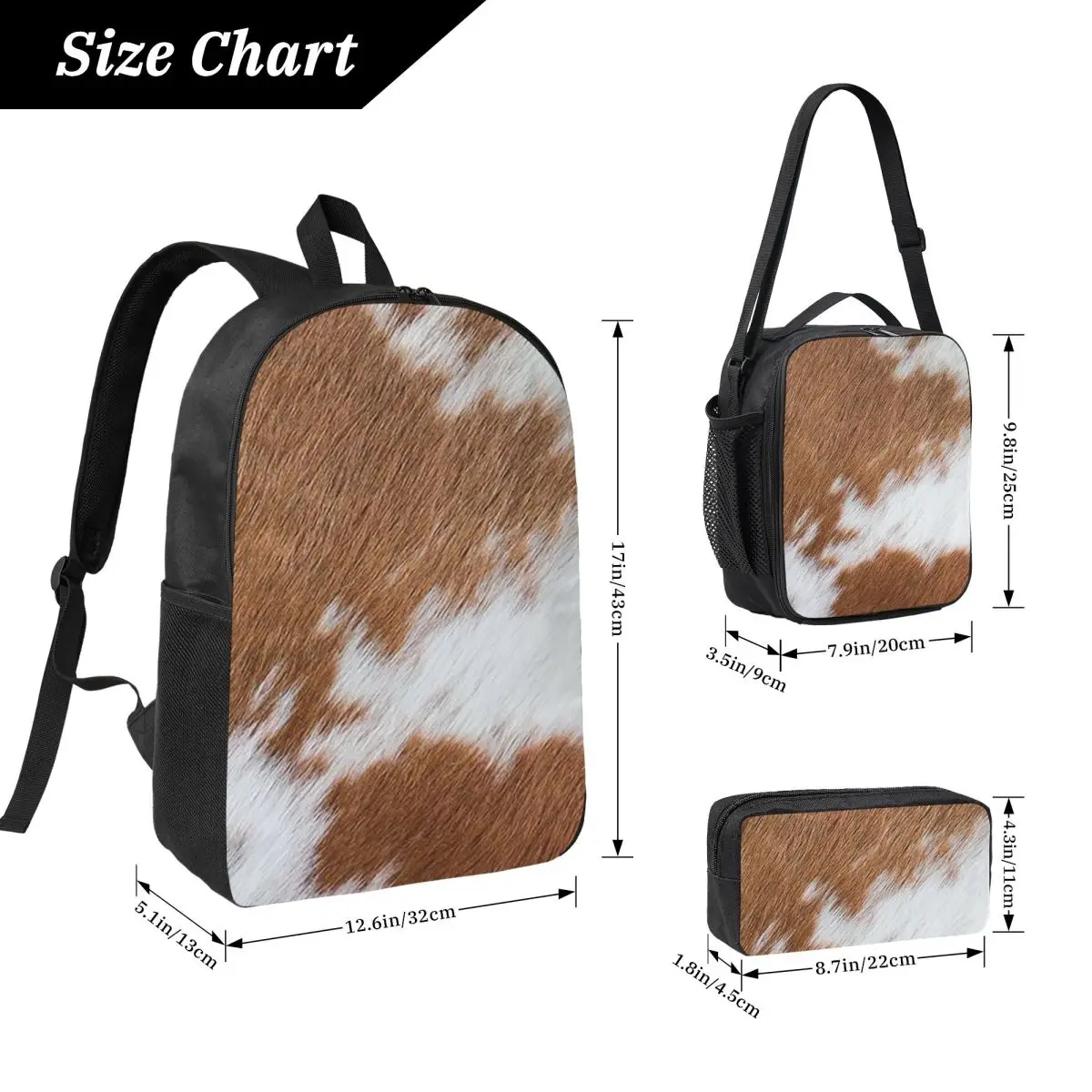 Cow Fur Cowhide Texture Cow Skin Print Pattern Backpack BookBag School Bag Shoulder Bags 3ps Insulated Lunch Bag Pencil Case