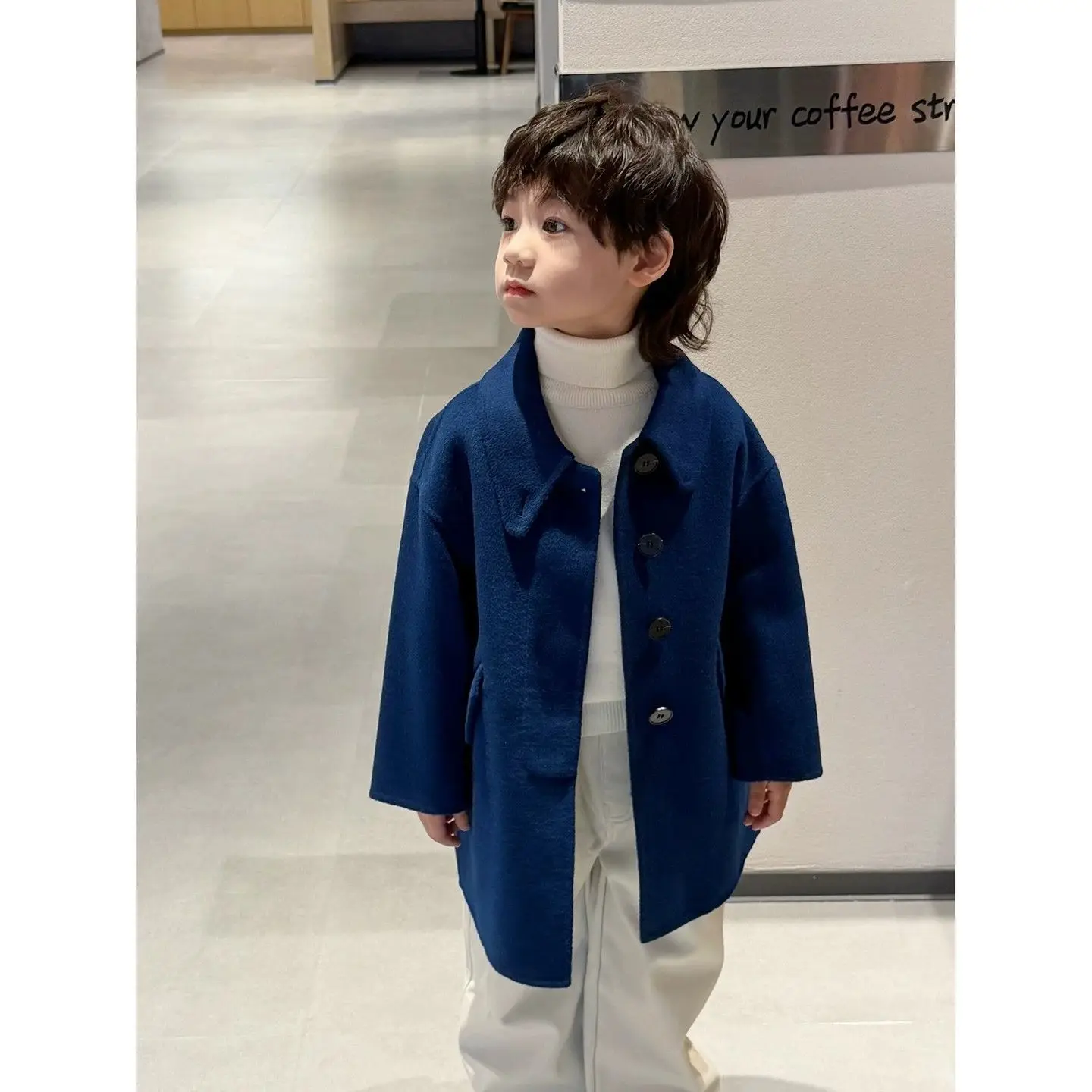 Children's Clothing Boys' Woolen Coat 2026 Autumn and Winter Clothing Dark Blue Thickened Woolen Coat