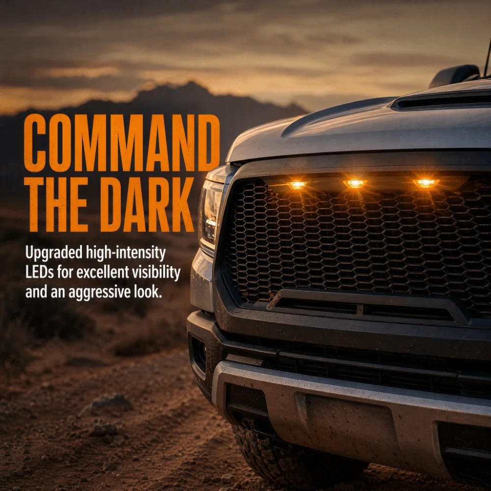 3PCS ABS Grille LED Light Black High Bright Bumper Grille Lamp LED Decor Lamp for Ford F150/F250/Raptor 2014‑2017 Grille Refit