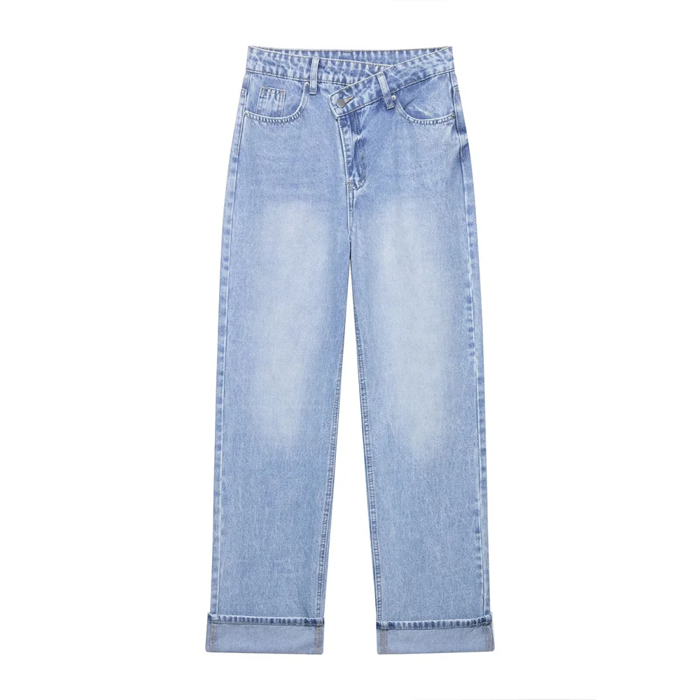 

Taop&Za women's metal button decoration double breasted waist high waisted pants summer new casual straight leg jeans
