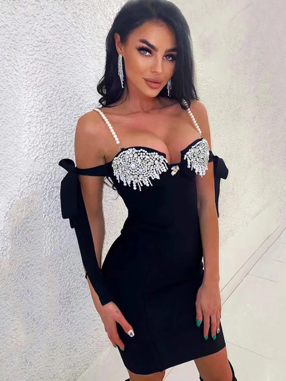 Black Luxury Diamond Women's Bandage Dress Sexy Off Shoulder Backless Camisole Bodycon Female Fashion Nightclub Party Dresses