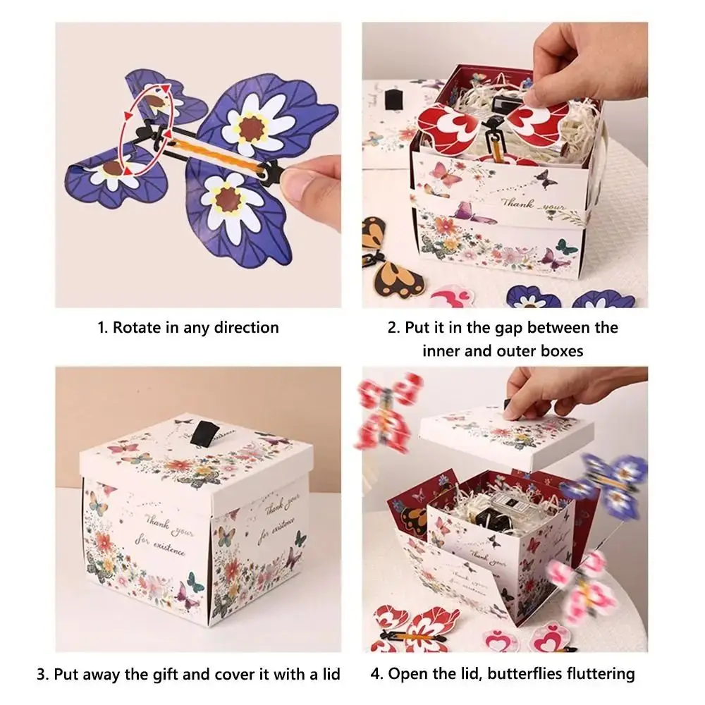 

Multicolor Flying Butterfly Gift Box Auto Expand Wind Up Mechanism Surprise Gift Box Novelty Paper Present Box
