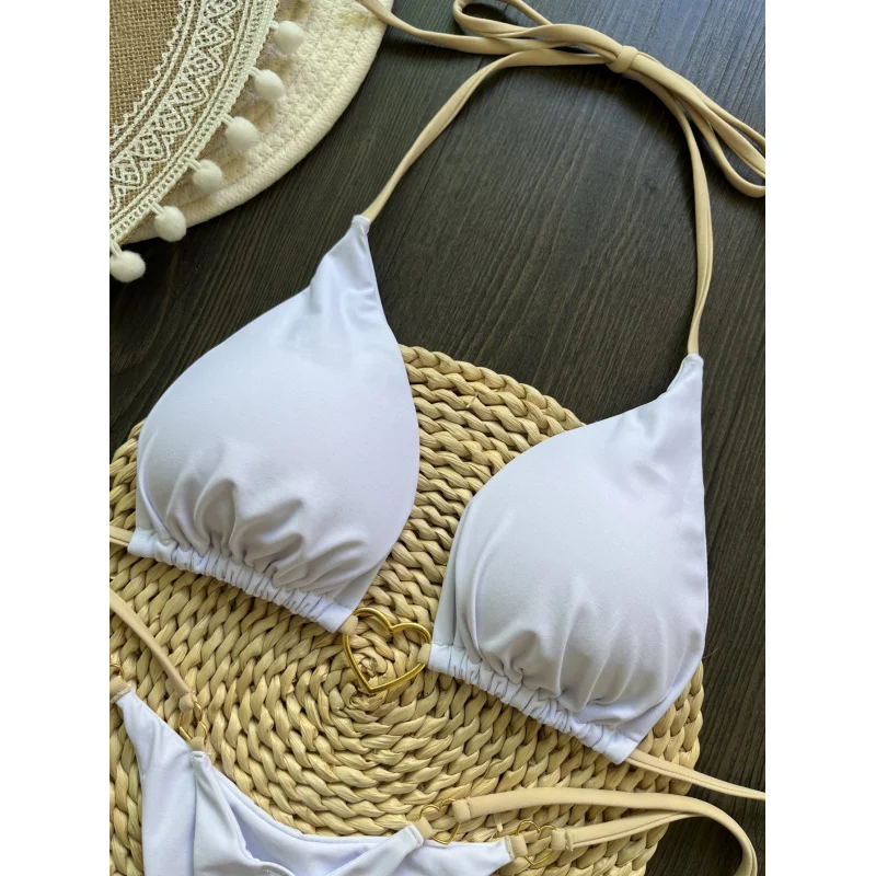 2025Popular Nylon White Love Bikini Suit Low Waist Lace-up Fashionbiquini
