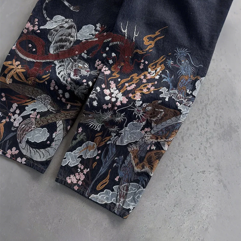 Y2K موضة الاتجاه الجينز التقليدية الصينية الأسطورية الوحوش التطريز عالية الخصر فضفاض الجينز الهيب هوب الرجال النساء الرجعية الشارع الشهير