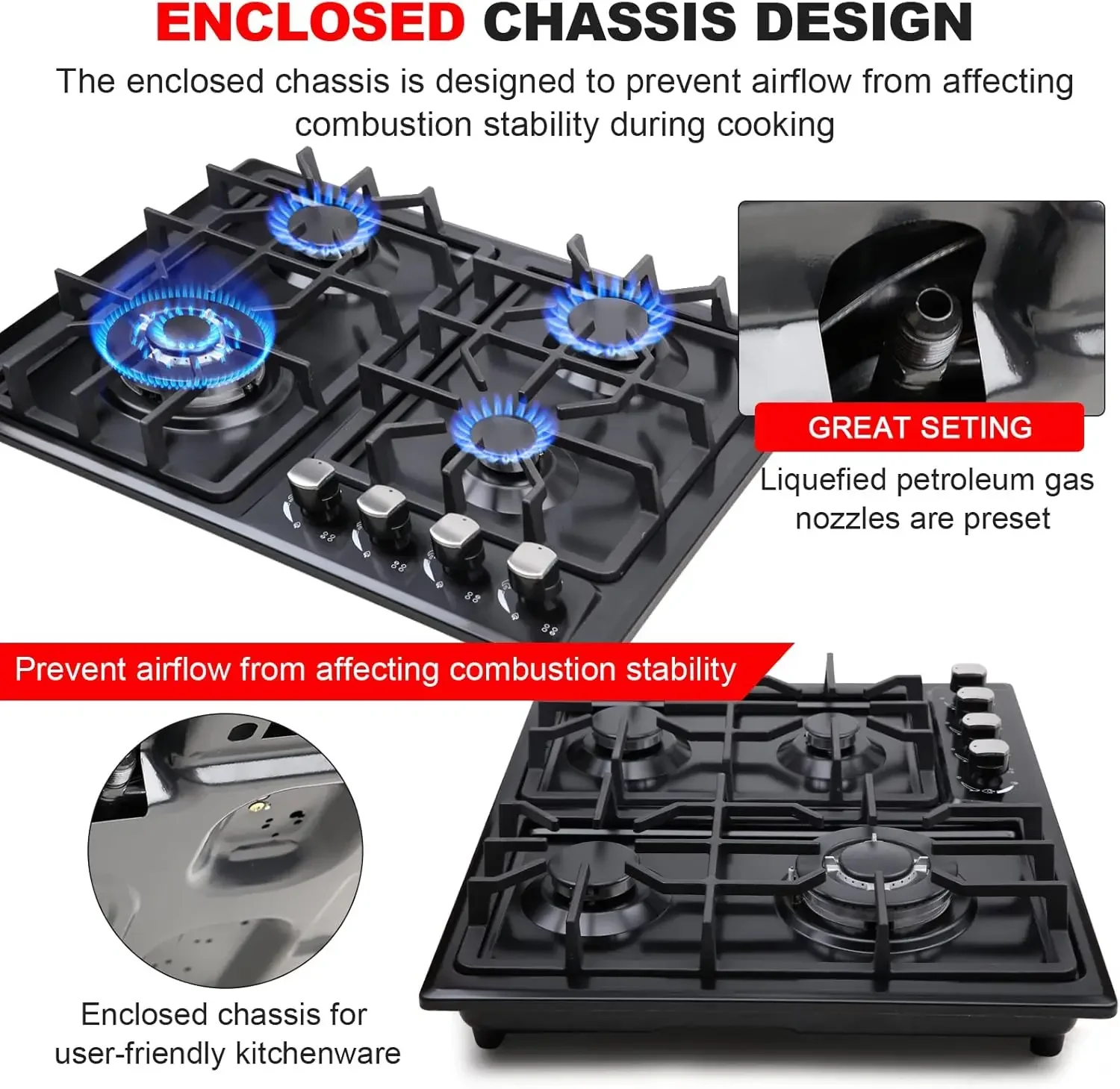 غاز 22 بوصة، موقد غاز مدمج 4 شعلات من الفولاذ المقاوم للصدأ مع حماية مجموعة تحويل NG/LPG وسهل التنظيف