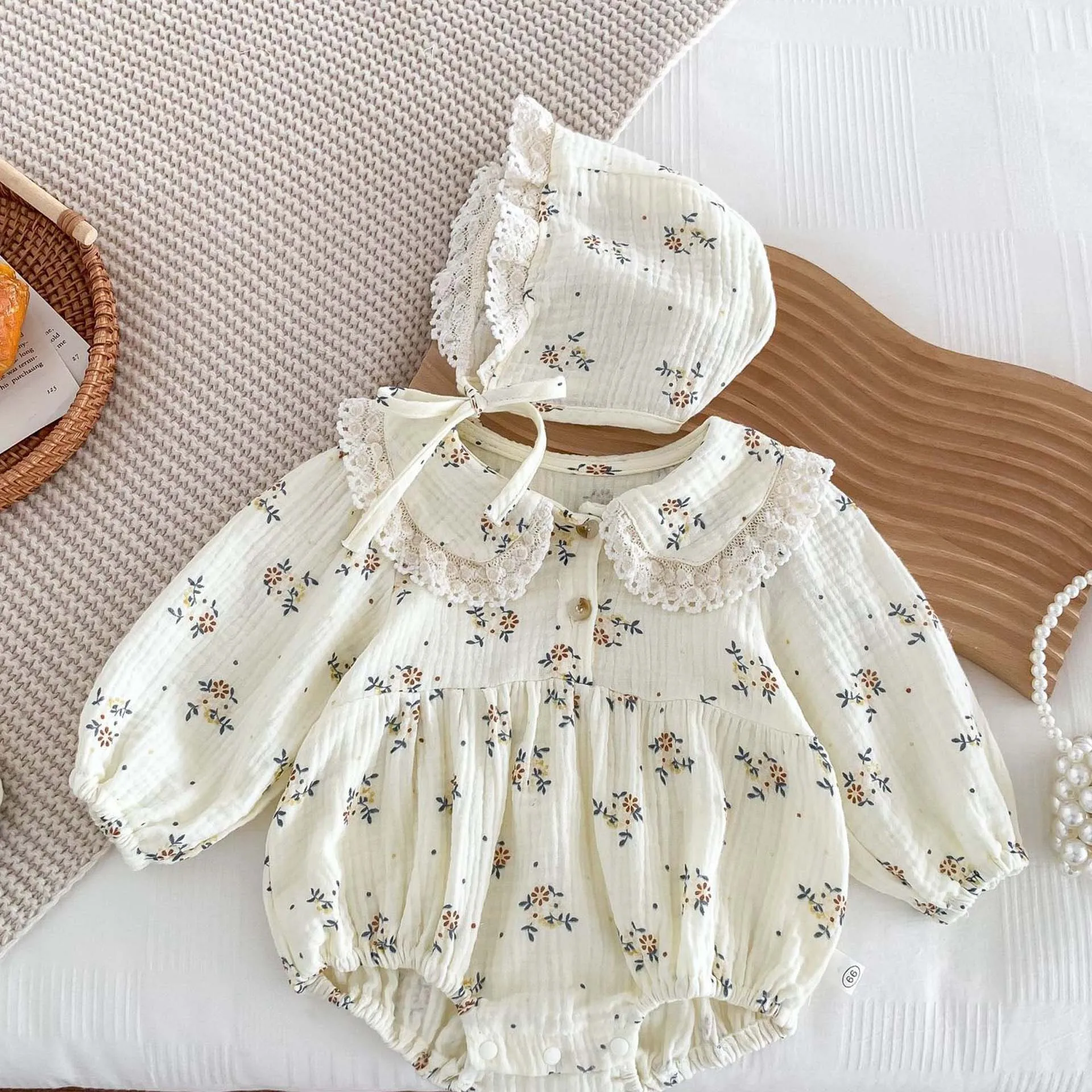 Spring Summer Baby Romper with Hat Korean Flowers Jumpsuits for Girl Cotton Newborn Clothing Infant Bodysuits Toddler Outfit Set