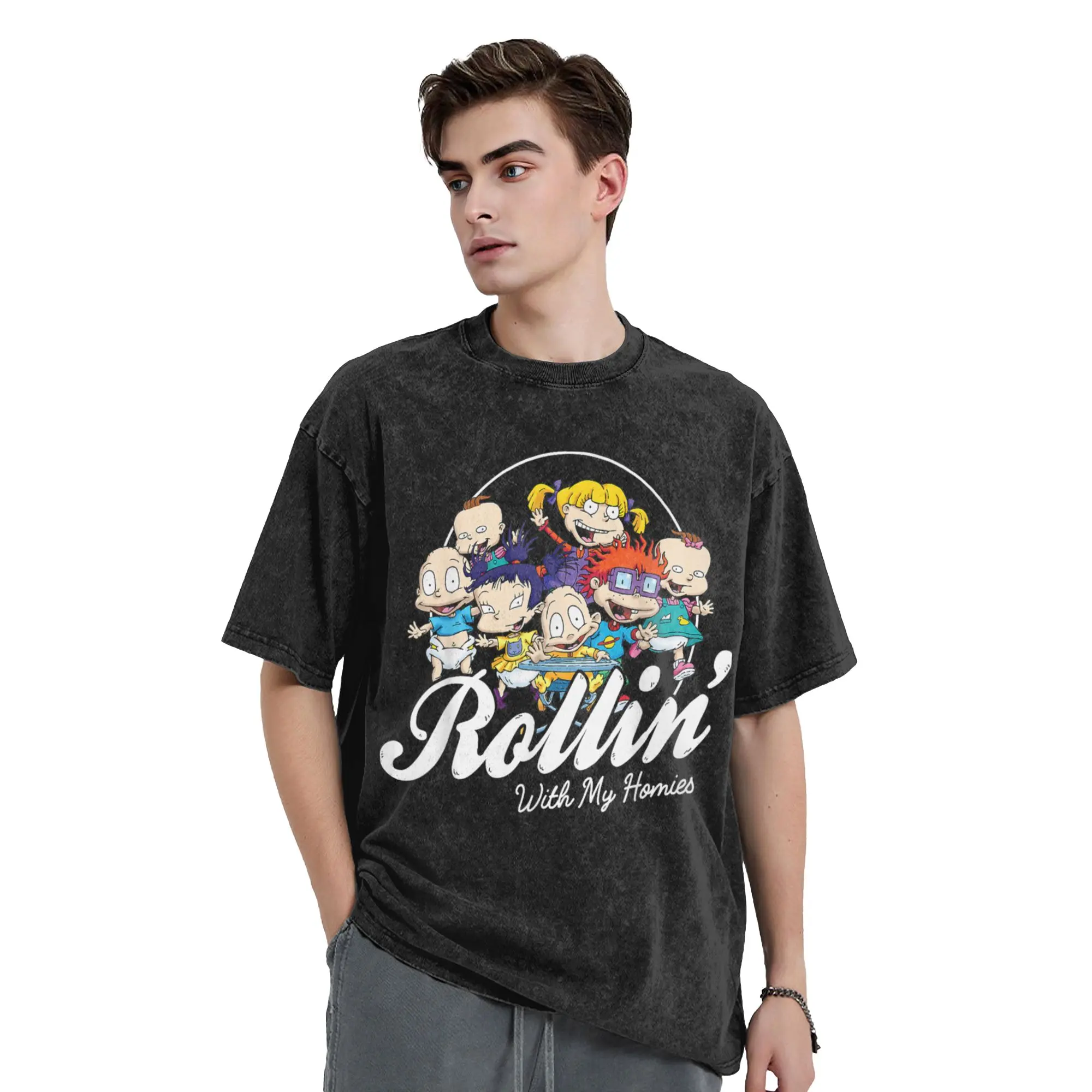 تي شيرت Rugrats Rollin With My Homies Baby بأكمام قصيرة Y2K تي شيرت أساسي صيفي كاجوال برقبة دائرية ملابس كبيرة الحجم