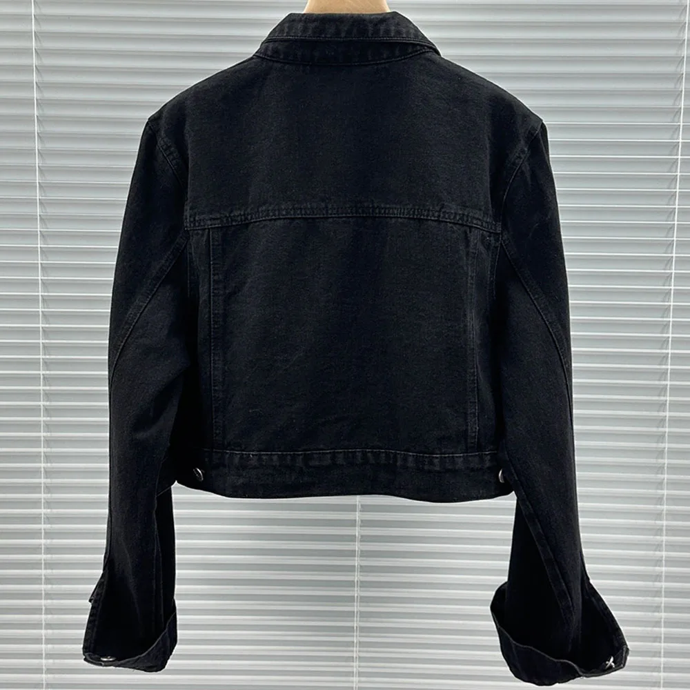 Vintage Black Denim Jacket Colorful Rhinestone Design Color Block Long Sleeve Jacket Women's Fashion Color Block Denim Outerwear